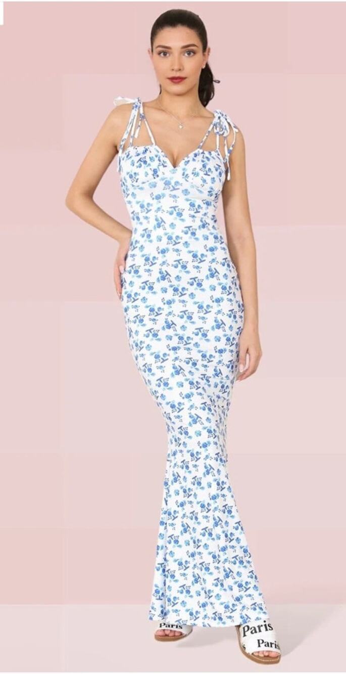 Parthea Maxi Dress Small Blue Floral Tie Strap Slinky Bodycon Cottagecore Soft